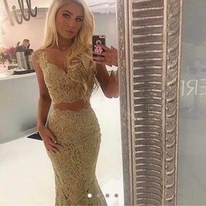 Sherri Hill Gold Lace Two-Piece Prom Dress